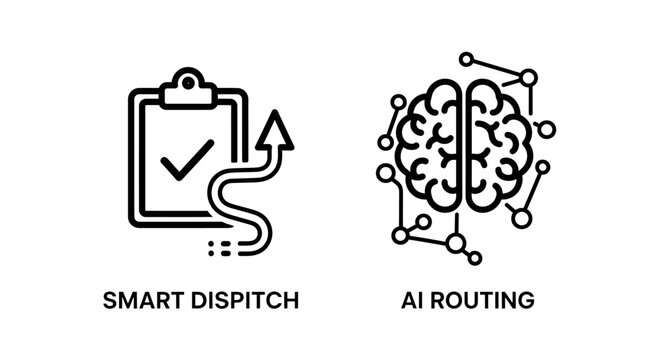 Smart dispatch and AI routing icon set with dispatch logistics automation