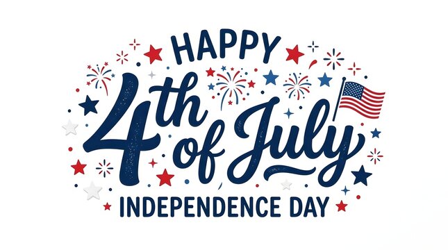 Happy fourth of july lettering with fireworks and american flag illustration