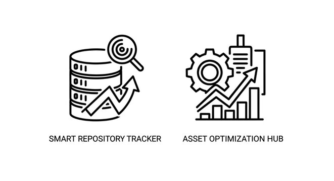 Smart repository tracker and asset optimization icons with database, repository