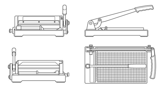 Paper cutter machine technical drawing blueprint with front side back and top views CAD line art vector illustration