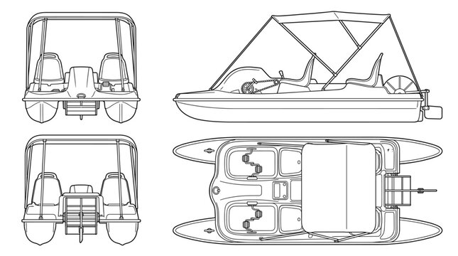 Pedal boat watercraft technical drawing blueprint with front side back and top views CAD line art vector illustration