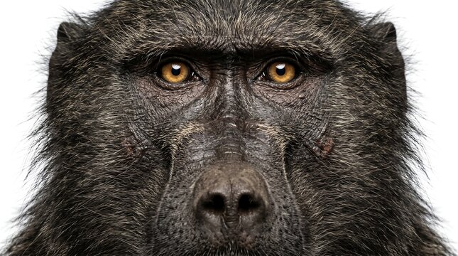 Close up portrait of a wild baboon face isolated on white background.