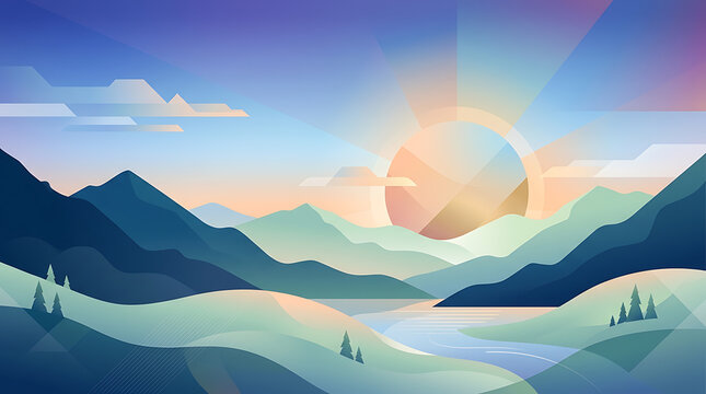 Minimalist Geometric Mountain Landscape Illustration with Sunrise and River