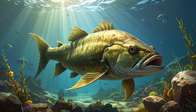 A large fish swims towards the viewer underwater. Sunlight streams illuminate the scene, showcasing marine life and flora