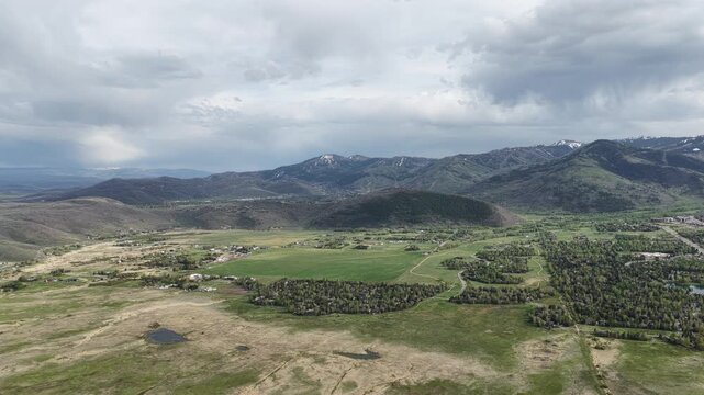 Spring time aerial of Park City valley Utah in Wasatch Mountain Range