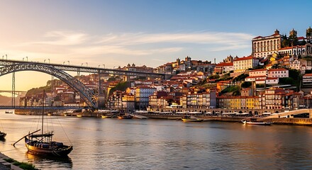 Obraz premium Historic European city with arched bridge and river at sunset