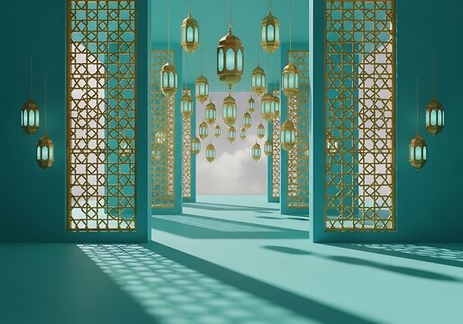 Islamic mosque interior with hanging lanterns
