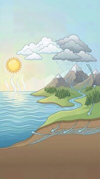 Hydrologic cycle depicting evaporation from sea, condensation creating cloud, precipitation over peak, surface runoff feeding stream, and subterranean aquifer movement.