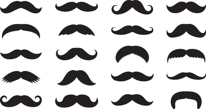 Creative set of diverse black mustache silhouettes showing unique grooming shapes for various masculine design themes