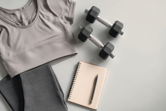 Minimal flat lay of workout wear, notebook and dumbbells on a light grey background for a fitness plan layout