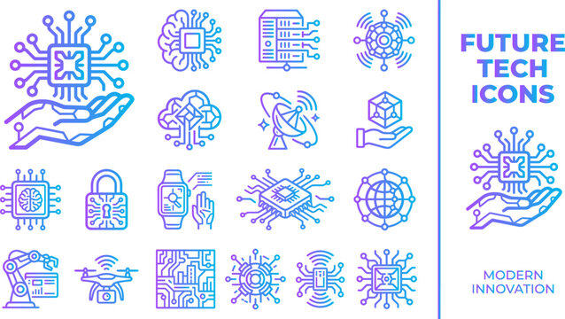 Future tech icons with gradient colors representing innovation and connectivity.