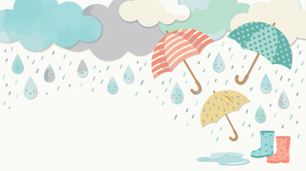 Cute rainy day vector illustration with pastel umbrellas clouds and rubber boots