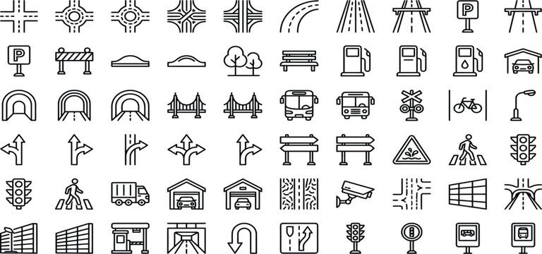 Road and traffic signs icon set outline vector with gas station, bus stop