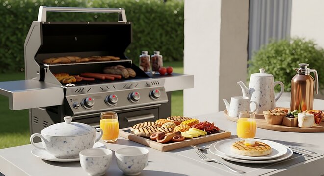 A scenic outdoor breakfast BBQ setup featuring a modern backyard gas grill, freshly cooked food on a wooden board, orange juice, and a morning table.