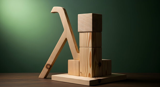 Lambda Symbol with Cubes: A wooden sculpture featuring the Greek letter lambda (&lambda;) stands next to a stack of wooden cubes on a wooden base, set against a gradient green background.