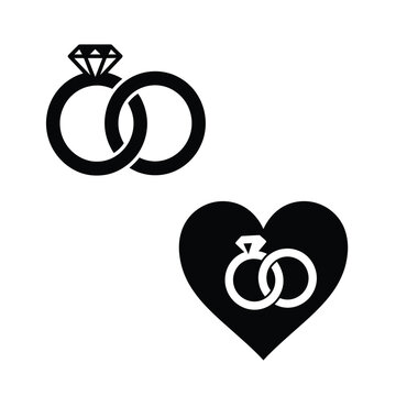 
Wedding rings icon set, interlocking engagement ring with diamond and heart silhouette vectorwedding rings

