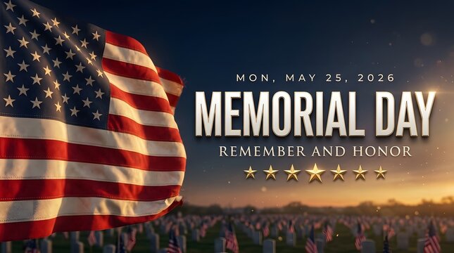 American flag waving over a cemetery on memorial day may 25th 2026