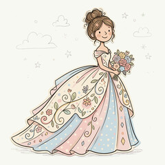Fototapeta premium Young girl in tulle princess dress holding bouquet of flowers 