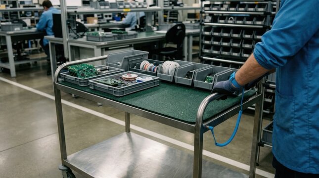 Medium shot showing carts with ESDsafe mats transporting electronic parts highlighting effective electrostatic discharge prevention measures.
