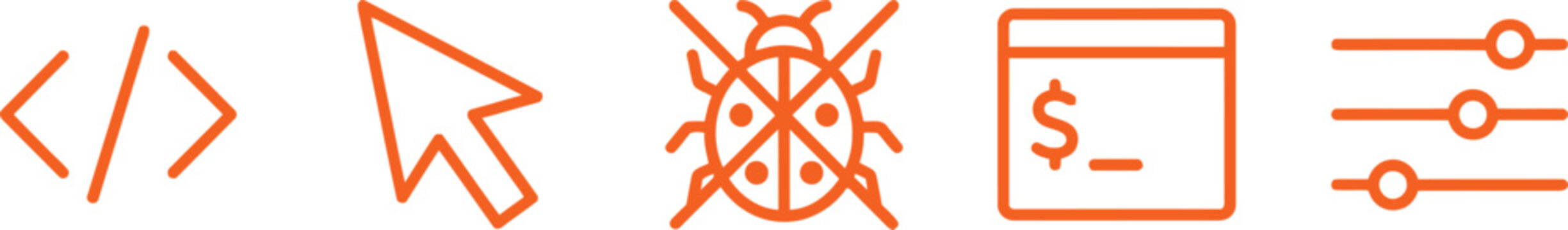 Orange abstract line art icons of web development tools and code elements on white background
