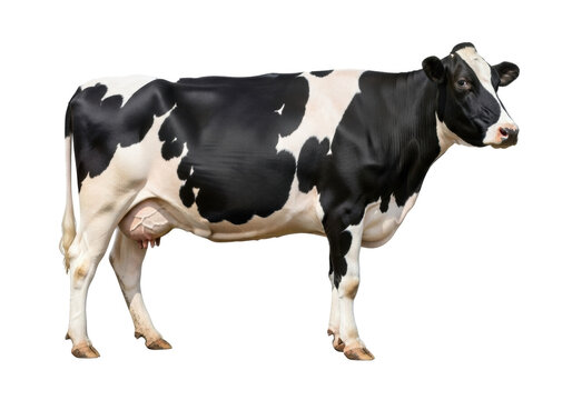 Adult holstein dairy cow in a static profile, detailed fur, prominent eyes, wet muzzle, sturdy hooves, on a seamless transparent background with shadowless studio lighting. Concept for livestock