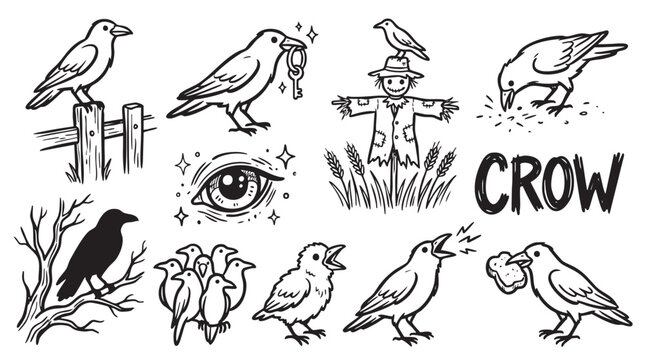 Collection of crows, ravens and related symbols like scarecrow and eye.
