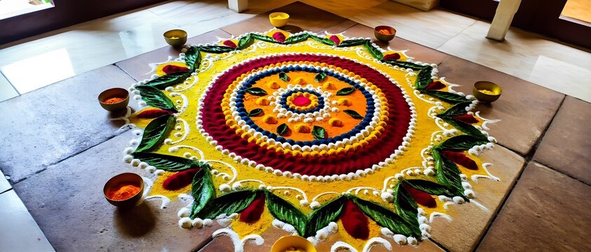Colorful Rangoli Design with Diyas on Floor Background