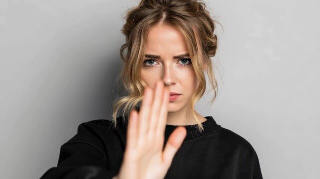 Young woman shows stop gesture to camera in a simple indoor setting while expressing a clear intention during daylight hours