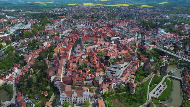 Aerial view around the old town of the city Bautzen in east Germany on a sunny spring day