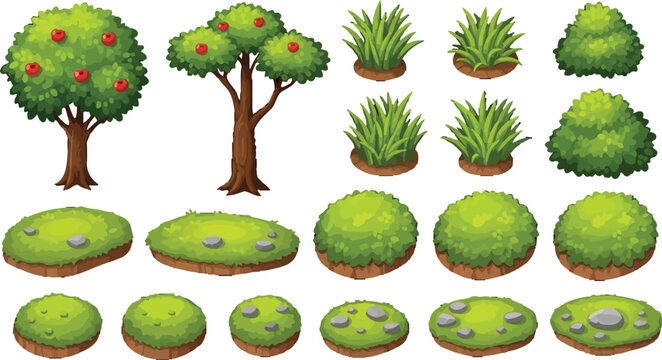 Set of cartoon nature elements including apple trees, green grass patches, bushes and stones for game design