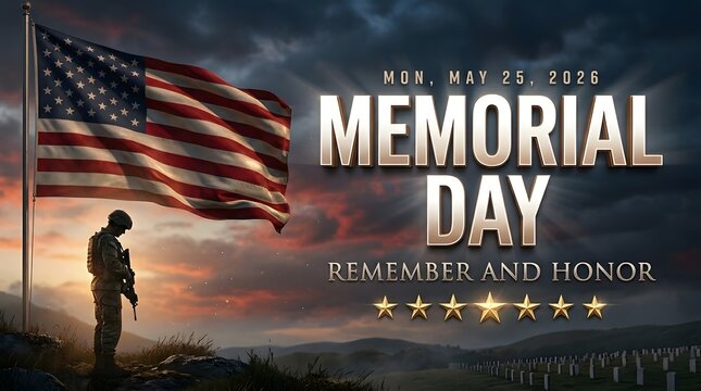 Memorial day tribute poster with american flag and soldier silhouette may 25 2026
