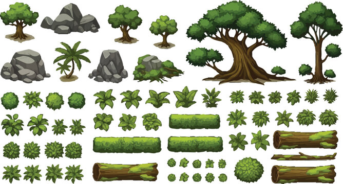Set of forest elements including trees, rocks, bushes, and mossy logs for game design and map creation