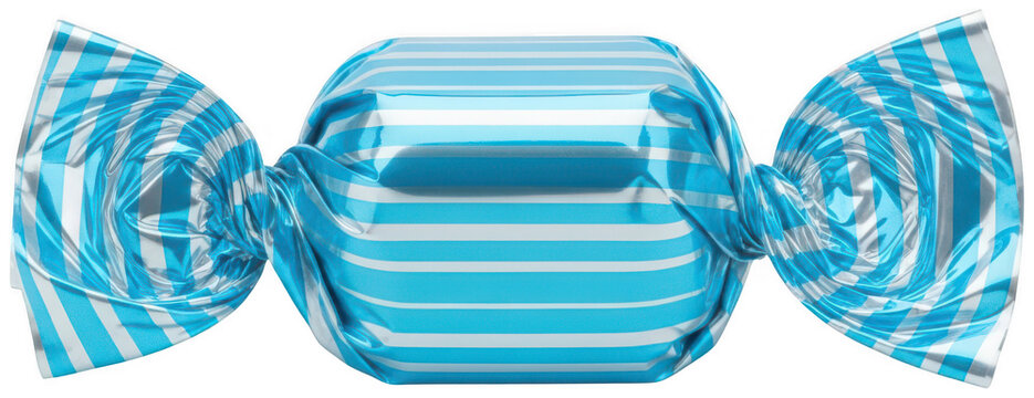 Shiny blue and white striped candy in crinkled metallic foil isolated transparent background image