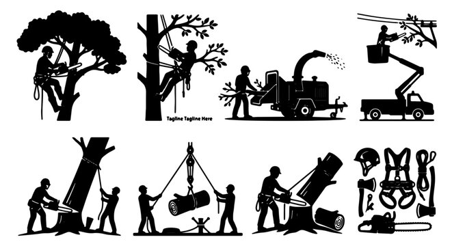 Arborist Tree Service Vector Icons: Climbers, Chippers, Cranes, Chainsaws, and Safety Gear Collection