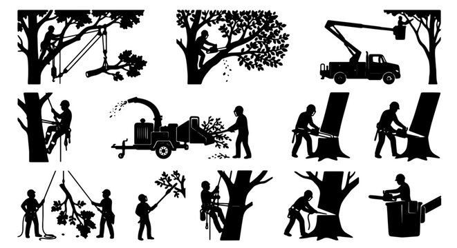 Arborist Tree Care Vector Icons Set, Professional Tree Felling and Pruning Services, Silhouette Graphics for Landscaping and Forestry