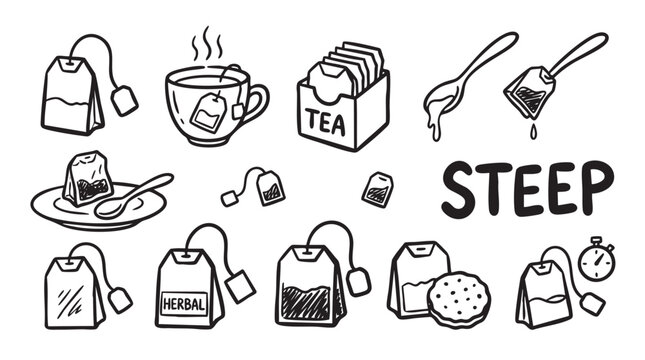 Collection of tea bags, cup, spoon, and cookie with timer.
