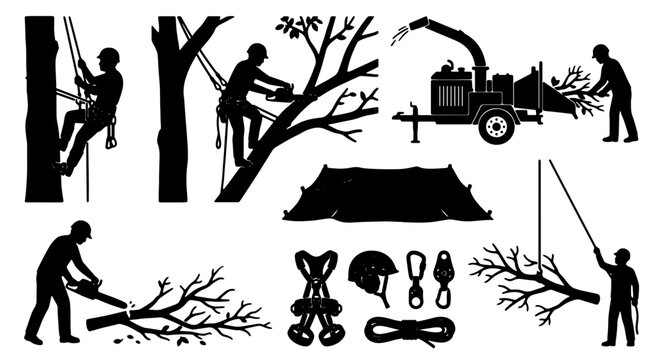 Arborist Tree Care Set, Arboriculture Equipment, Tree Removal Service, Wood Chipper, Safety Gear, Professional Arborist Icons