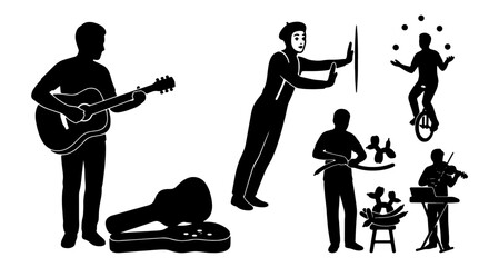 Performance Art Silhouettes: Musician with Guitar, Juggler on Unicycle, Clown, Violinist, Balloon Artist, Drummer © MD