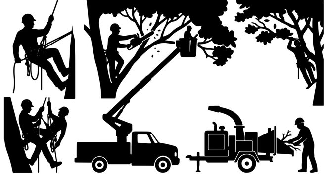 Arborist Silhouette Set: Tree Care Professionals, Climbing, Pruning, Wood Chipper, Cherry Picker Truck, Outdoor Services Vector Icons