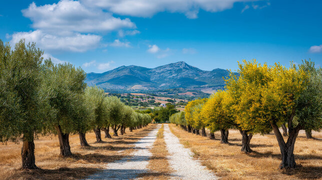 Olive trees line a gravel path with mountains in the background on a sunny day in the countryside