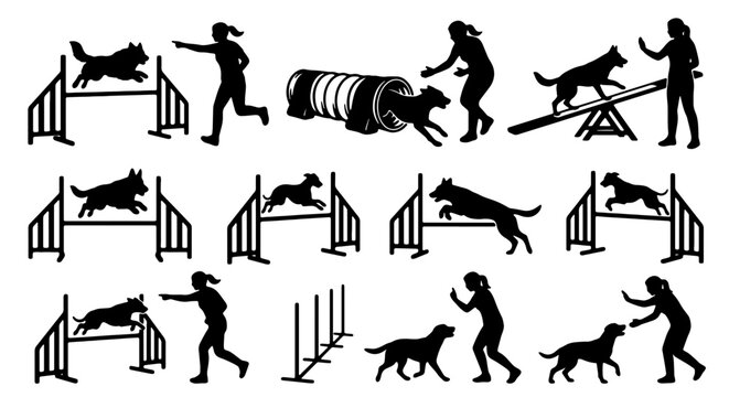 Dog Agility Training Silhouettes, Canine Obstacle Course Vector Set, Pet Sports Competition Icons, Active Lifestyle Graphics