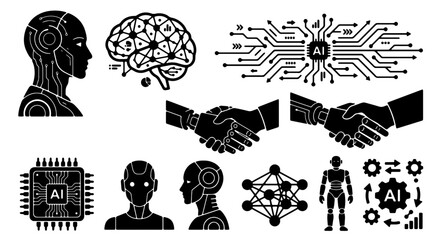Obraz premium Artificial Intelligence Icons Set, AI Technology Symbols, Machine Learning Concepts, Robotics and Neural Network Graphics, Business Innovation Vector Collection