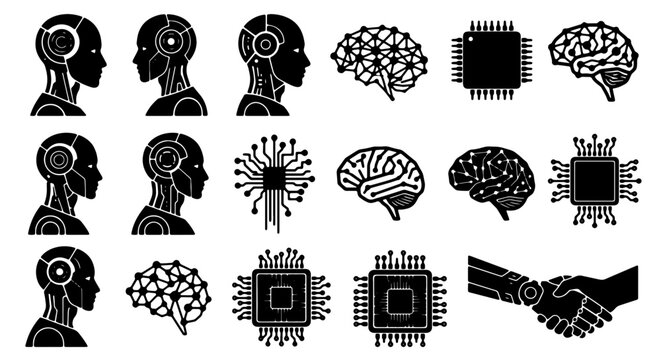 Artificial Intelligence Icons Set: Robot Heads, Brains, CPUs, and Handshake Vector Graphics for Technology and Innovation Concepts