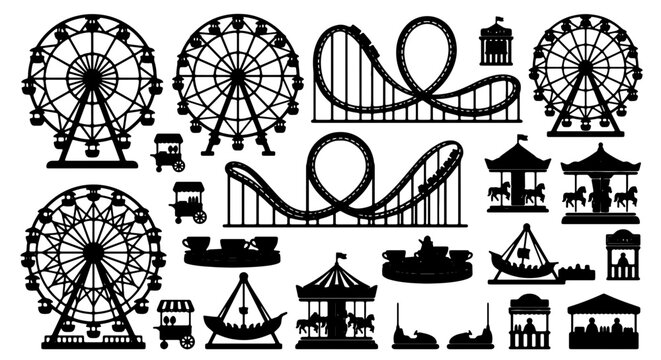 Amusement Park Icons, Carnival Rides Silhouette Collection, Ferris Wheel, Roller Coaster, Carousel, Vector Graphics for Entertainment and Fun