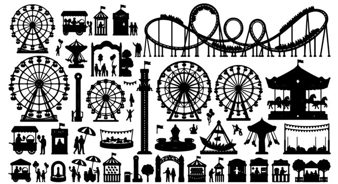 Amusement Park Icons Set, Carnival Rides Silhouette Collection, Ferris Wheel, Roller Coaster, Carousel, Funfair Elements, Black and White Vector Graphics for Entertainment and Leisure Themes