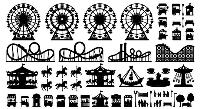 Amusement Park Icons Set, Carnival Rides Silhouette Collection, Ferris Wheel, Roller Coaster, Carousel, Vector Graphics for Entertainment and Fun