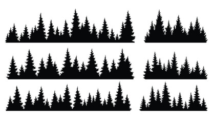 Set of fir trees silhouettes. Coniferous spruce horizontal background patterns, black evergreen woods vector illustration. Beautiful hand drawn panoramas of coniferous forest © designer_things