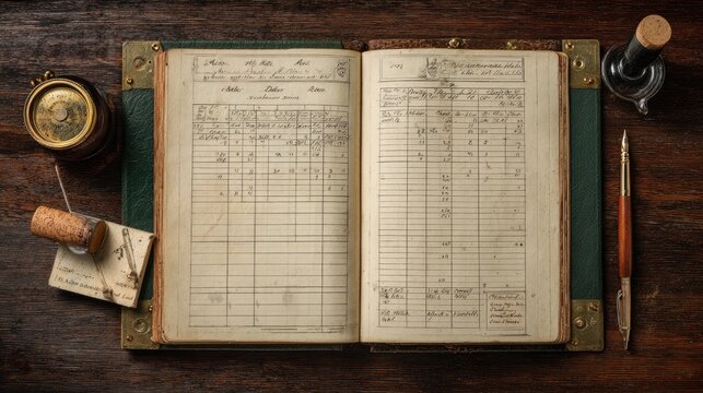 Aged ledger with inkwell, pen, and corked bottle on a wooden surface