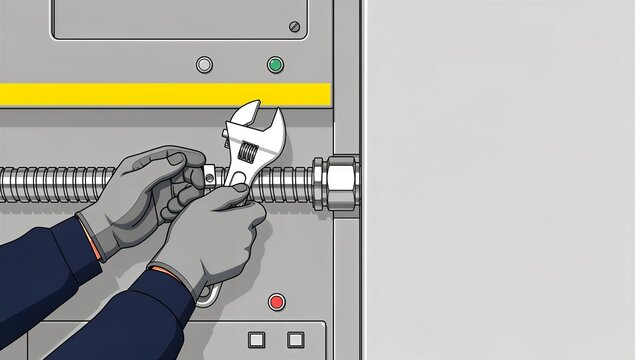 Detailed illustration electrician using adjustable wrench on conduit from behind safety training