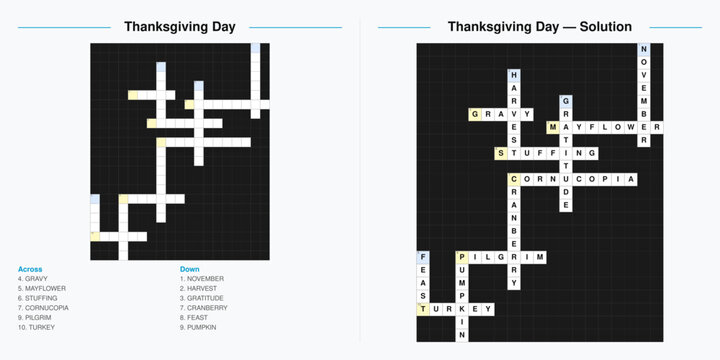 Thanksgiving themed printable crossword puzzle. Autumn holiday vocabulary game with harvest word clues and solution. Black and white educational activity worksheet template